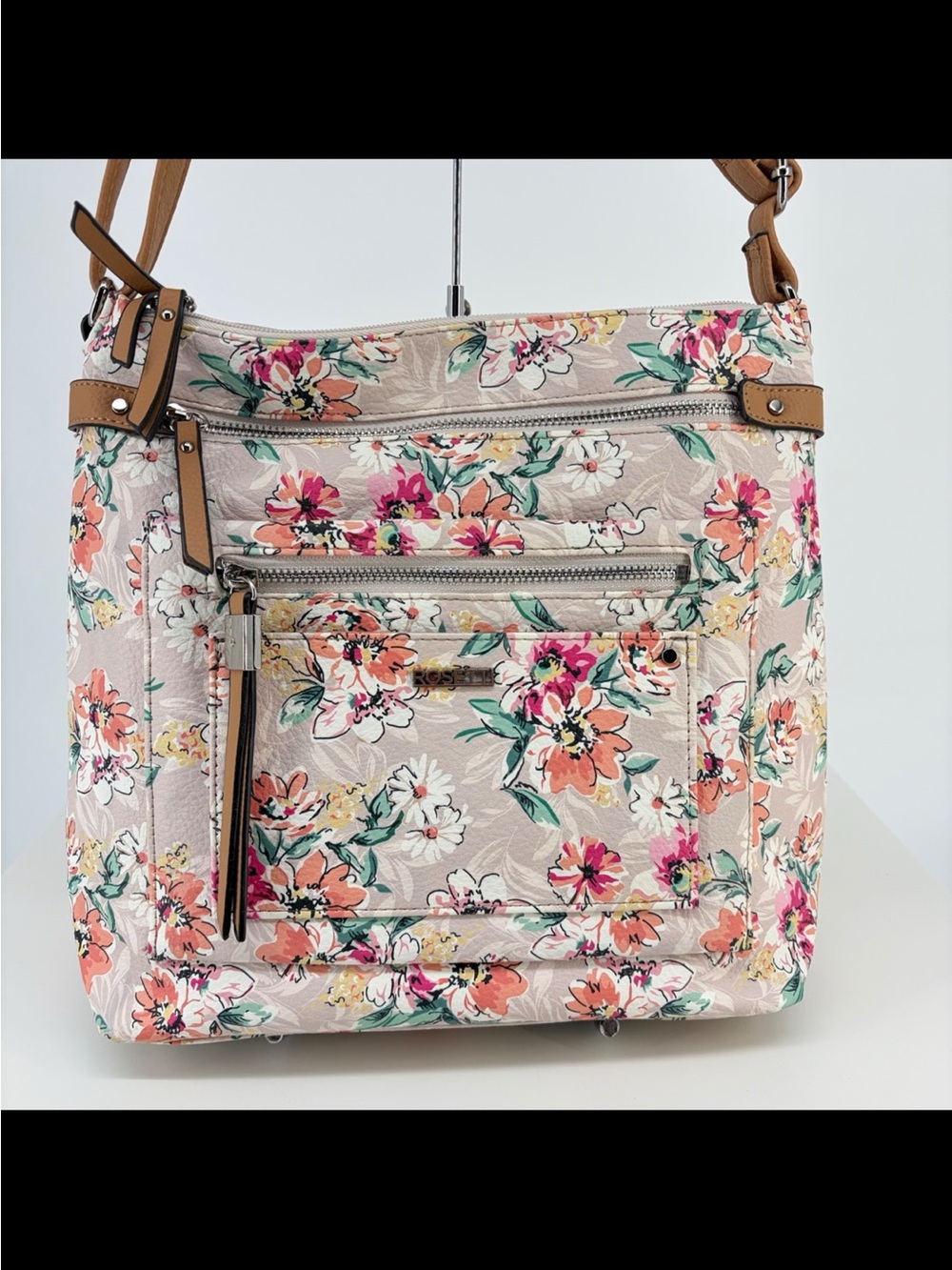 Rosetti Floral Crossbody Bag in Pink and Tan Accents
